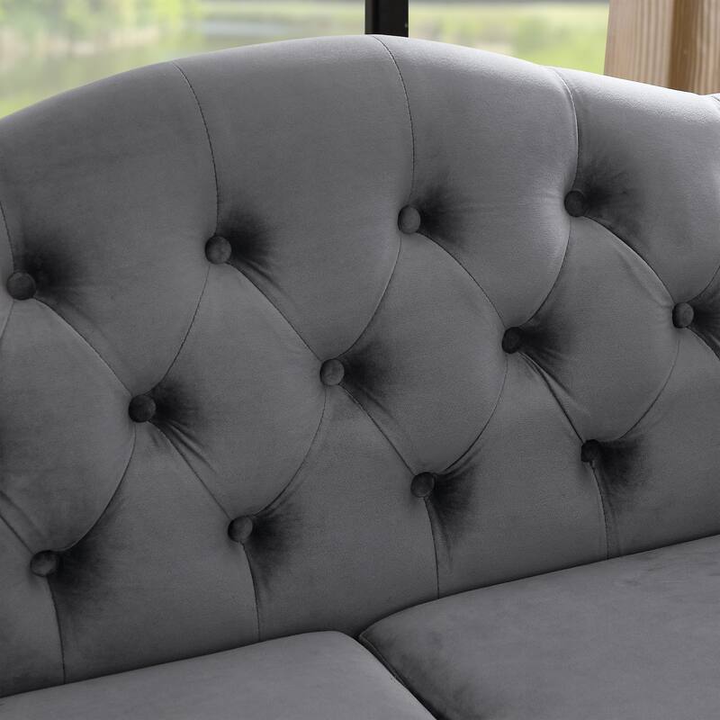 57" Curved Back Grey Velvet Loveseat Sofa w/ Nailheads Armrest, Button